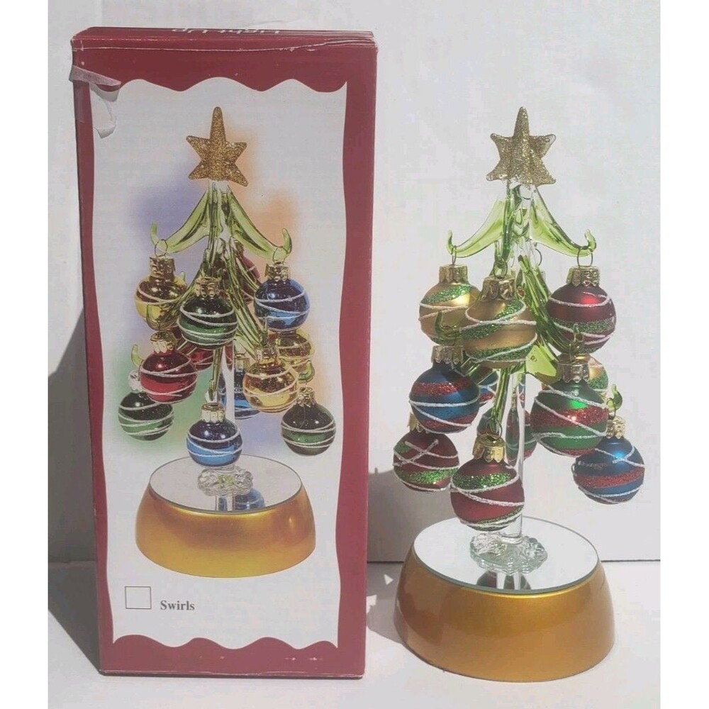 Ganz Light Up Blown Glass Christmas Tree 12 Ornaments 8" Multicolor Gold Sequins